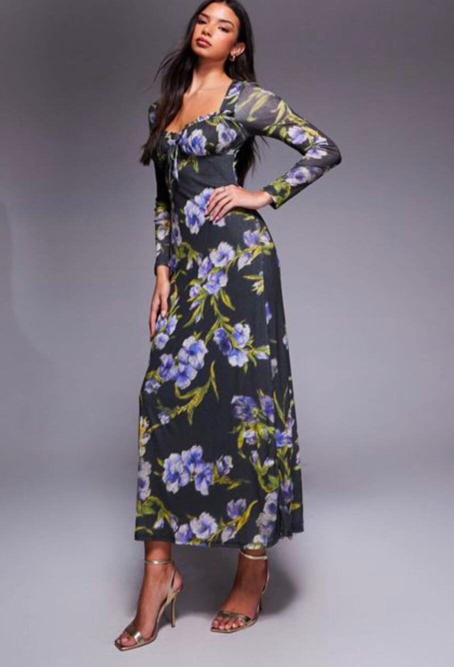 ASOS Long Sleeve Milkmaid Midi Black Floral Dress Large